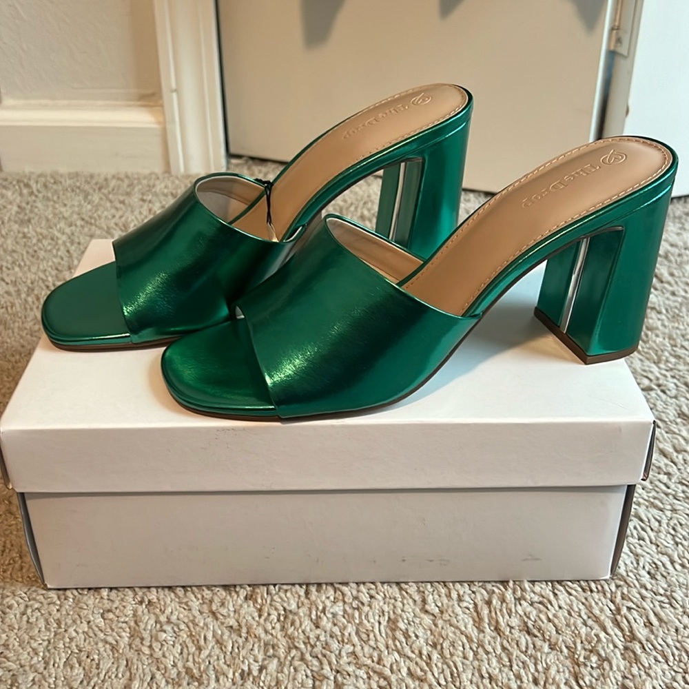 The Drop Size 8.5 Jade Metallic Open Toed Block Heel NWT